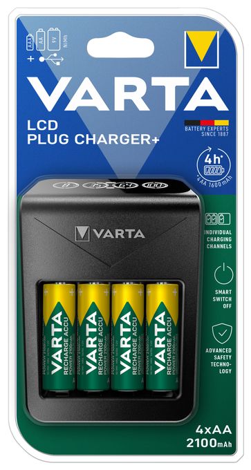 Akku Ladegerät, inkl. 4X AA 2100mAh, Batterieladegerät für wiederaufladbare AA/AAA/9V und USB Geräte, LCD Plug Charger+, Einzelschachtladung 