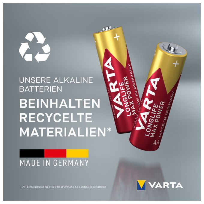 AA Alkali 1,5 V 4 Stück  Longlife Max Power Batterie (Rot/Gelb) 