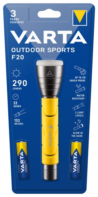 Taschenlampe LED inkl. 2x AA Batterien, Outdoor Sports F20, Leuchte, Lampe mit zwei Leuchtmodi, Taschenleuchte mit gummiertem Griff, sehr robust, gelb 