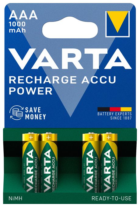 Recharge Accu Power AAA 1000 mAh 4er-Pack (vorgeladener NiMH-Akku, Micro, wiederaufladbarer Akku, gebrauchsfertig) 