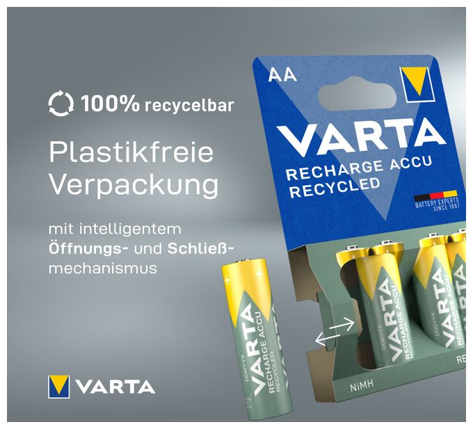 Recharge Accu Recycled AA 2100 mAh 4er-Pack (vorbeladener NiMH-Akku, Mignon, 25 % recyceltes Material, wiederaufladbarer Akku, sofort einsatzbereit) 