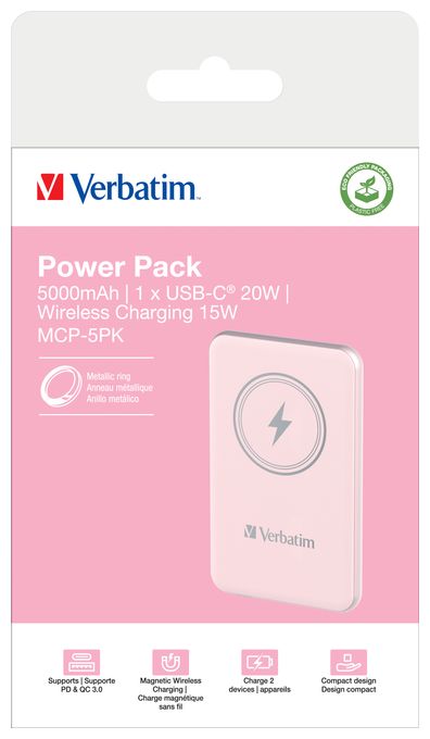 5000 mAh Powerbank USB Typ-C Kabelloses Laden  Charge 'n' Go (Pink) 