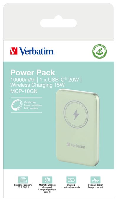 10000 mAh Powerbank USB Typ-C Kabelloses Laden  Charge 'n' Go (Grün) 