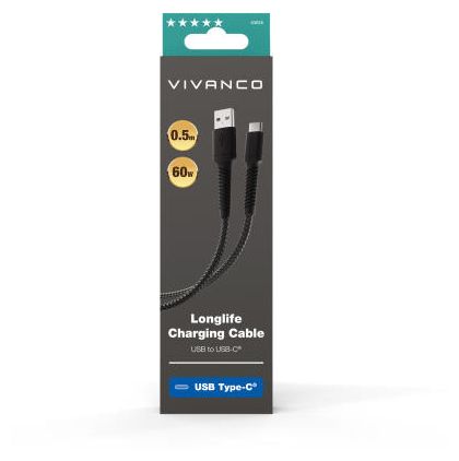 Stecker Rundkabel USB C auf USB A bis 60 W 0,5 m  63638 (Schwarz) 