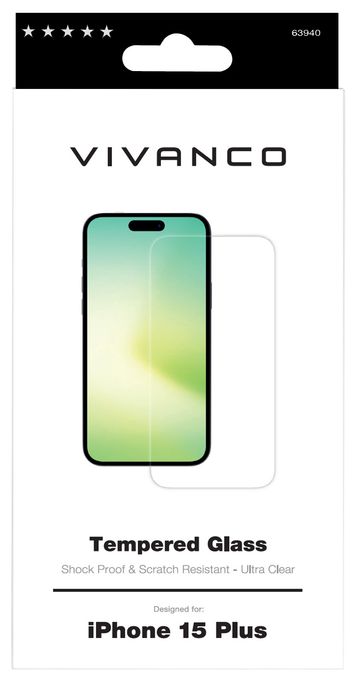 Klare Bildschirmschutzfolie gehärtetes Glas 9H für  Apple iPhone 15 Plus Schmutzabweisend, Schlagfest, Kratzresistent, Splitterfrei 63940 