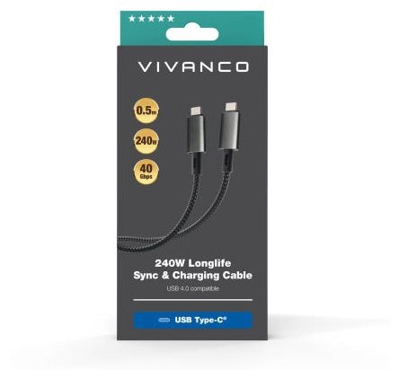 40 Gbit/s Stecker Rundkabel USB C auf USB C bis 240 W 0,5 m  64013 (Schwarz) 
