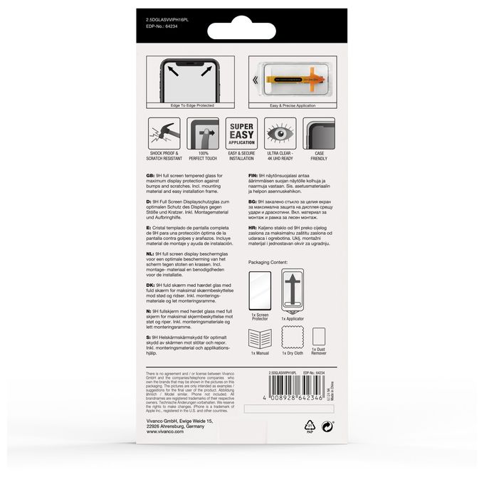 Klare Bildschirmschutzfolie gehärtetes Glas 9H für  Apple iPhone 16 Plus Stoßfest, Schmutzabweisend, Schlagfest, Kratzresistent 64234 Full Screen 