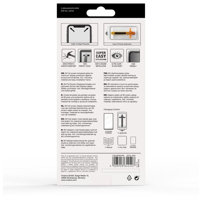 Klare Bildschirmschutzfolie gehärtetes Glas 9H für  Apple iPhone 16 Pro Max Stoßfest, Schmutzabweisend, Schlagfest, Kratzresistent 64240 Full Screen 
