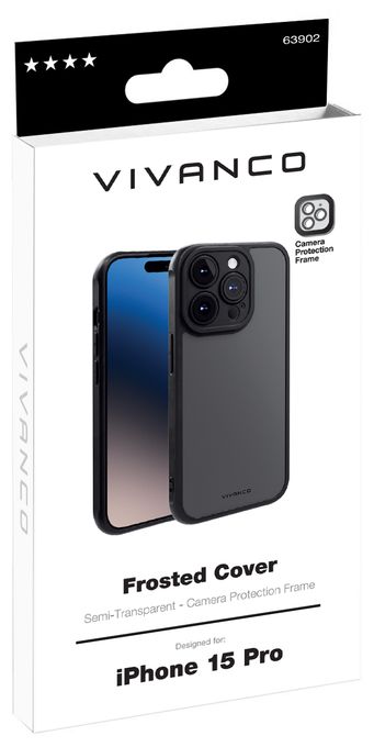 Frosted Cover für iPhone 15 Pro mit integriertem Kamera Schutzrahmen, semi-transparent/schwarz 