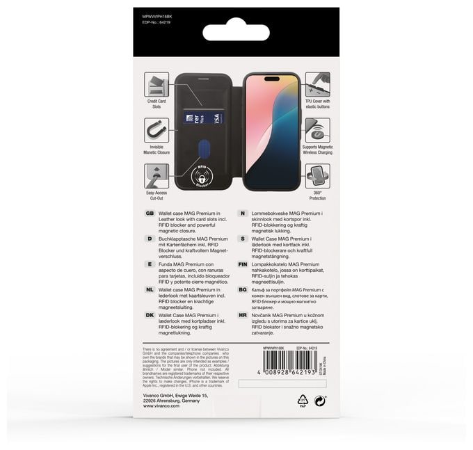 Geldbörsenhülle für Apple iPhone 16  Mag Premium Wallet (Schwarz) 