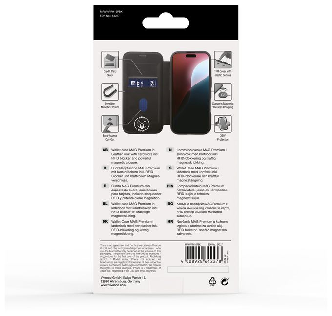 Geldbörsenhülle für Apple iPhone 16 Pro  Mag Premium Wallet (Schwarz) 