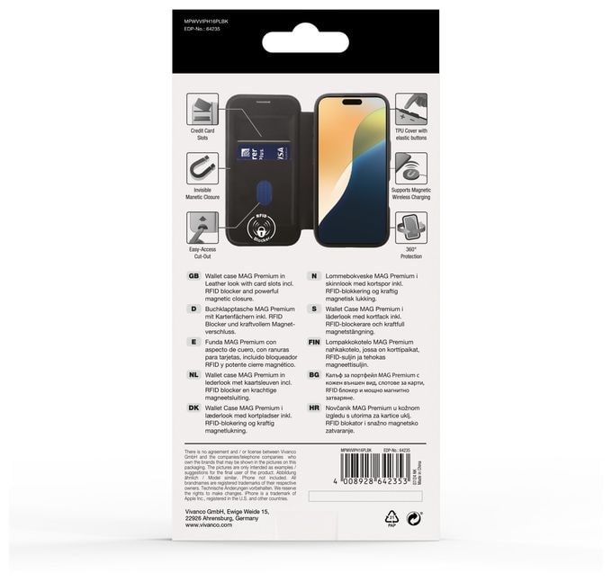 Geldbörsenhülle für Apple iPhone 16 Plus  Mag Premium Wallet (Schwarz) 
