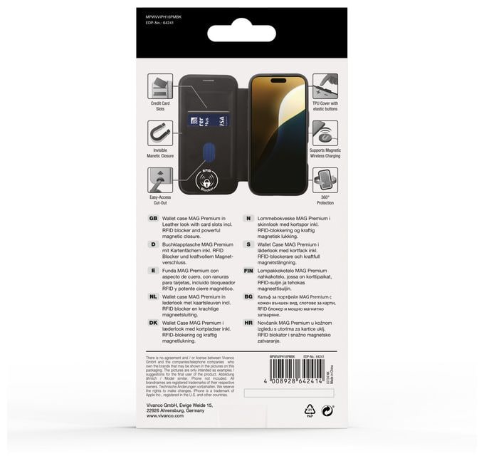 Geldbörsenhülle für Apple iPhone 16 Pro Max  Mag Premium Wallet (Schwarz) 