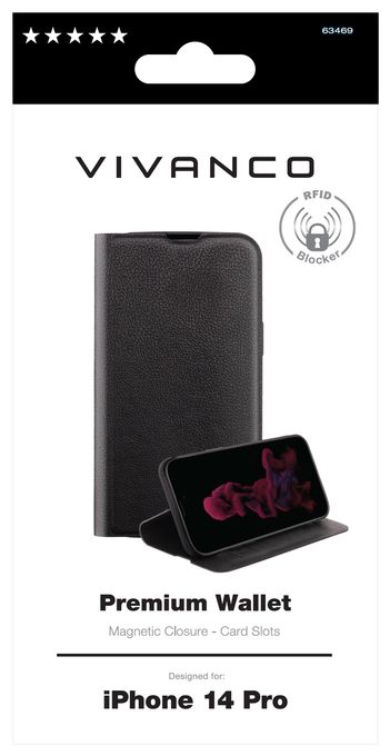 Geldbörsenhülle für Apple iPhone 14 Pro  Premium Wallet (Schwarz) 
