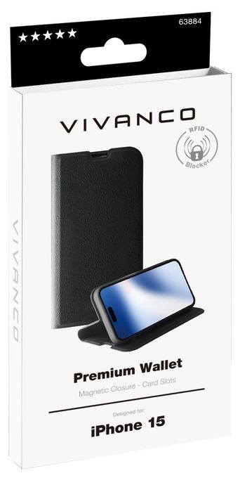 Geldbörsenhülle für Apple iPhone 15  Premium Wallet (Schwarz) 