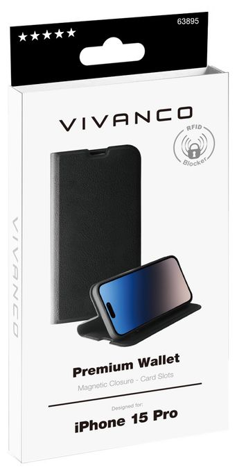Geldbörsenhülle für Apple iPhone 15 Pro  Premium Wallet (Schwarz) 