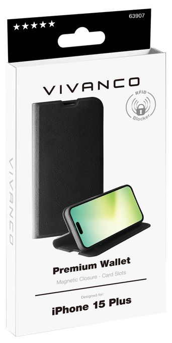 Geldbörsenhülle für Apple iPhone 15 Plus  Premium Wallet (Schwarz) 