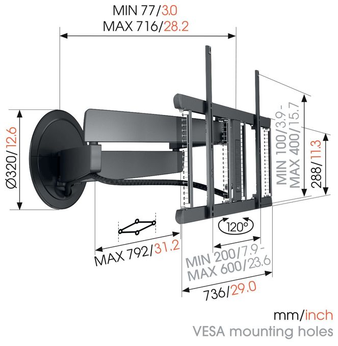 Wand Halterung 120° bis 195,6 cm (77") 35 kg ausziehbar TVM7675 Pro elektrische 