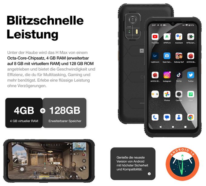 128 GB 4G Smartphone 16,7 cm (6.5 Zoll) 1,6 GHz Android 13 MP Dual Kamera Dual Sim WiFi 5  H Max (Schwarz) 