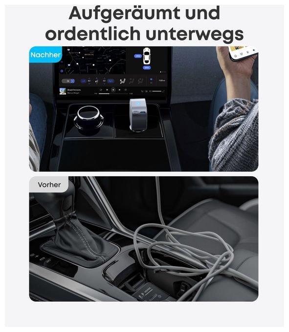 Nano Kfz-Ladegerät (75W, USB-C Port, Integriertes einziehbares USB-C Kabel) 
