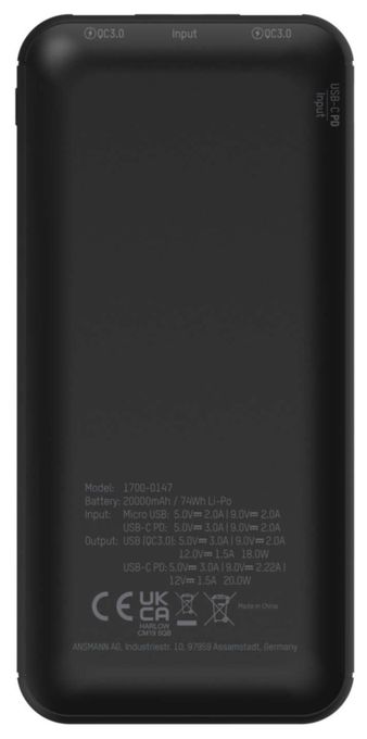 20000 mAh Powerbank Micro-USB + USB Type-C  PB320PD (Schwarz) 