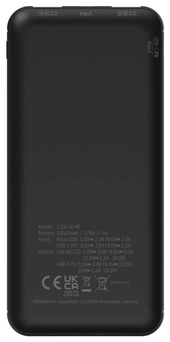 10000 mAh Powerbank Micro-USB + USB Type-C  PB320PD (Schwarz) 