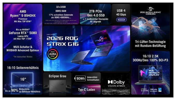 WQXGA Notebook 40,6 cm (16 Zoll) 2560 x 1600 Pixel 32 GB Ram 1 TB SSD Windows 11 Home AMD Ryzen 9 max. 5,4 GHz NVIDIA GeForce RTX 5070 Ti  ROG Strix G614FR-TS229W (Schwarz, Grau) 