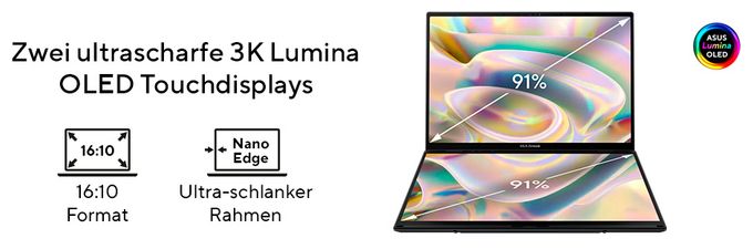2K Ultra HD Notebook 35,6 cm (14 Zoll) 2880 x 1800 Pixel 2 TB SSD Windows 11 Pro Intel Core Ultra 9 max. 5,4 GHz  Zenbook 14 Duo Oled UX8406CA-PZ068X (Grau) 