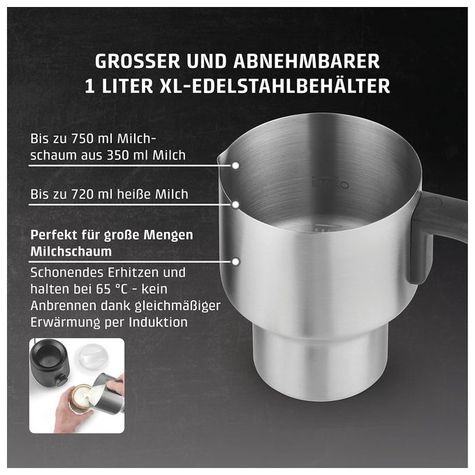 Milchaufschäumer Automatischer Milchaufschäumer/-wärmer ca. 350 ml  1667 PremiumLatte XL (Schwarz, Edelstahl) 