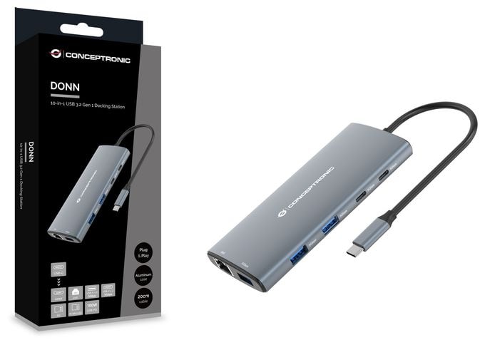 DONN06G 10-in-1 USB 3.2 Gen 1 Dockingstation, HDMI, 100W USB PD, USB-C 5Gbps x 2, USB-A 5Gbps x 3, SD, TF/MicroSD, GbE 
