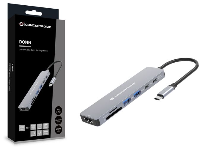 DONN28G 7-in-1 USB 3.2 Gen 1 Dockingstation, 4K60Hz HDMI, USB-A 5Gbps x 2, USB-C 5Gbps, SD, TF/MicroSD, 100W USB PD 