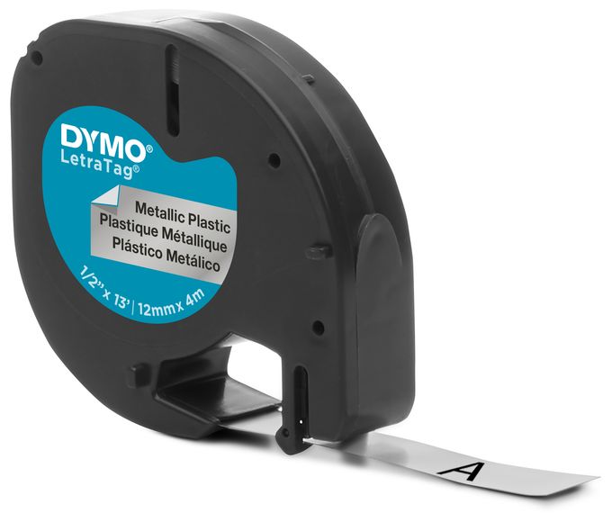 DYMO Original LetraTag Metallic Etikettenband | schwarz auf Metallic-Silber | 12 mm x 4 m | selbstklebendes Etiketten | für LetraTag-Beschriftungsgerät 