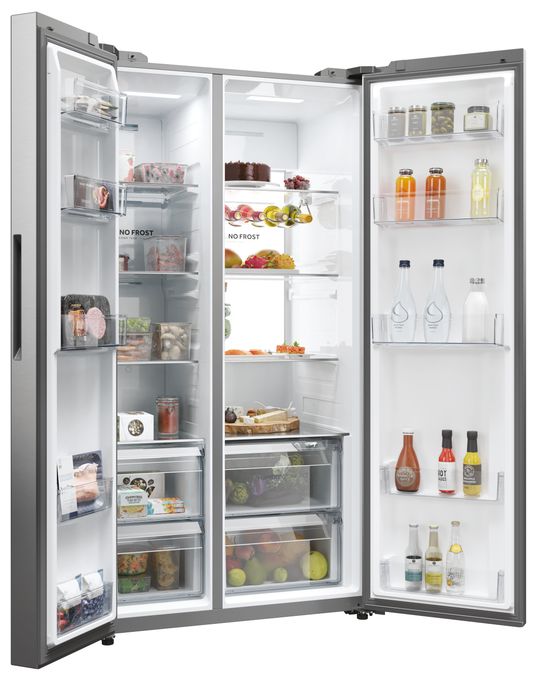 Side-by-Side Kühl-/ Gefrierkombination 391 l / 220 l 143 kWh NoFrost 1775 mm x 726 mm  HSW79F18ANMM (Platin, Edelstahl) 