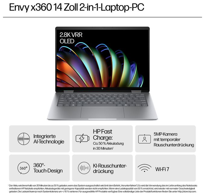 2K Ultra HD Notebook 35,6 cm (14 Zoll) 1920 x 1200 Pixel 512 GB SSD Windows 11 Home AMD Ryzen 5 max. 4,9 GHz  Envy 14-fa0657ng (Silber) 