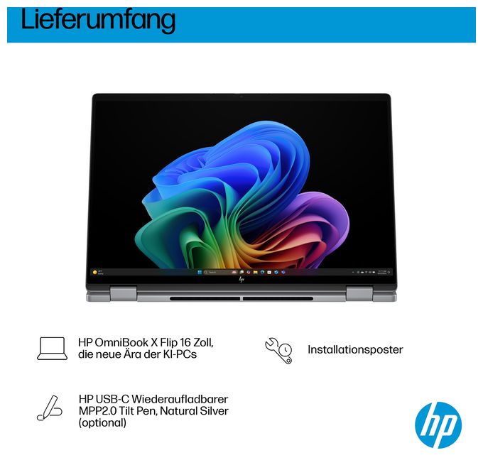 2K Ultra HD Notebook 40,6 cm (16 Zoll) 1920 x 1200 Pixel 16 GB Ram 1 TB SSD Windows 11 Home AMD Ryzen 5 max. 4,8 GHz  OmniBook X Flip 16-ar0556ng (Silber) 