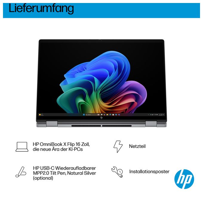 2K Ultra HD Notebook 40,6 cm (16 Zoll) 1920 x 1200 Pixel 1 TB SSD Windows 11 Home AMD Ryzen 5 max. 4,8 GHz  OmniBook X Flip 16-ar0653ng (Silber) 