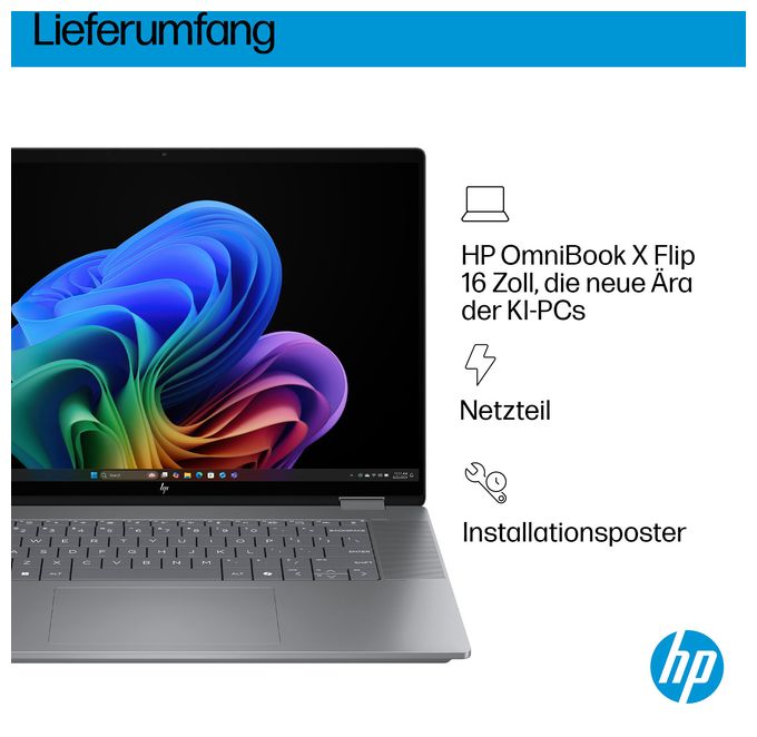 2K Ultra HD Notebook 40,6 cm (16 Zoll) 1920 x 1200 Pixel 1 TB SSD Windows 11 Home AMD Ryzen 5 max. 4,8 GHz  OmniBook X Flip 16-ar0556ng (Silber) 