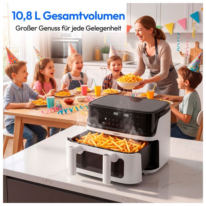 Doppel Heißluftfritteuse 10,8 l 3040 W  Life P25 XXL Flex M (Schwarz, Weiß) 