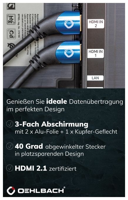 48 Gbit/s Stecker Abgewinkelt HDMI auf HDMI Typ A (Standard) 3 m  Shape Magic (Schwarz, Blau) 