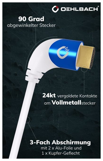 48 Gbit/s Stecker Abgewinkelt HDMI auf HDMI Typ A (Standard) 3 m  Shape Magic 90 (Blau, Weiß) 