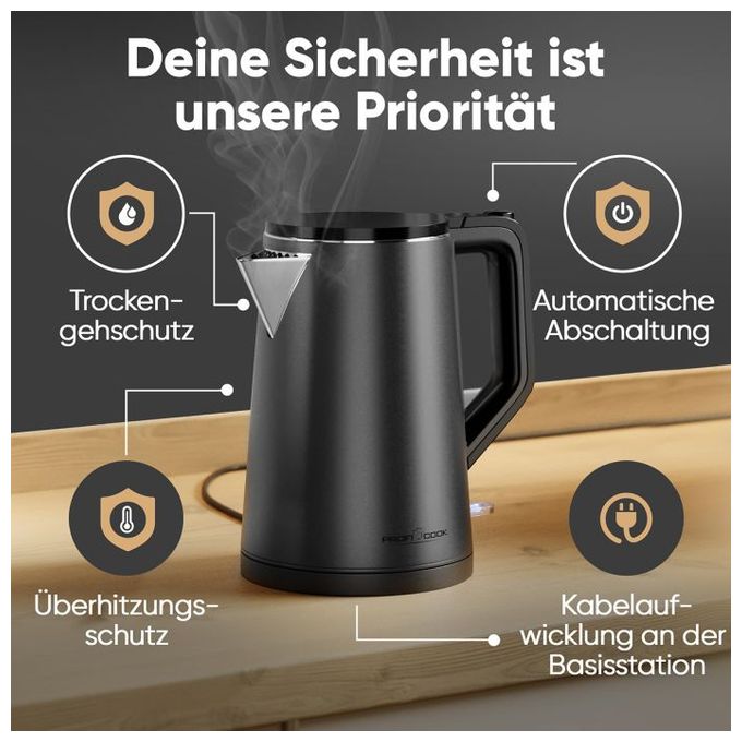 1,5 l Wasserkocher 2200 W  PC-WK1290 (Anthrazit) 