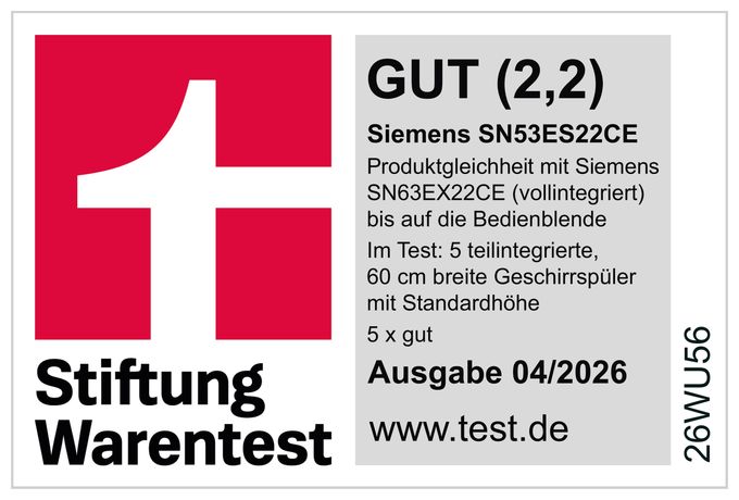 60 cm Geschirrspüler teilintegriert (ohne Front) Sehr leise 14 Maßgedecke aquaStop Funktion Wärmetauscher iQ300 SN53ES22CE 