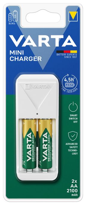 Akku Ladegerät, inkl. 2X AA 2100mAh, Batterieladegerät für wiederaufladbare Batterien, lädt 2 AA/AAA gleichzeitig, Mini Charger, weiß 