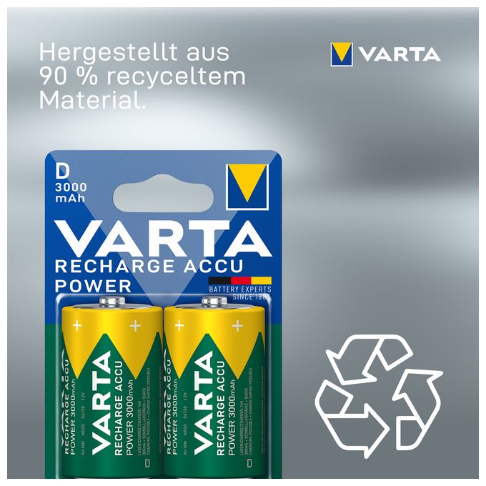 Recharge Accu Power D 3000 mAh 2er-Pack (vorgeladener NiMH-Akku, Micro, wiederaufladbarer Akku, gebrauchsfertig) 