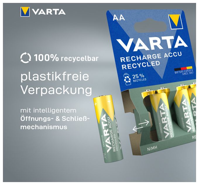 Recharge Accu Recycled AA 2100 mAh 4er-Pack (vorbeladener NiMH-Akku, Mignon, 25 % recyceltes Material, wiederaufladbarer Akku, sofort einsatzbereit) 