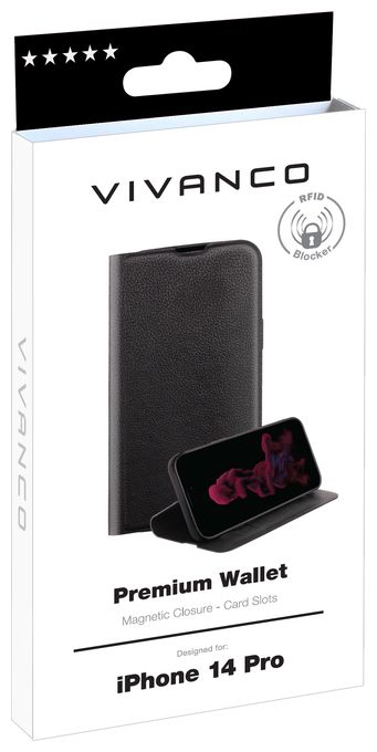 Geldbörsenhülle für Apple iPhone 14 Pro  Premium Wallet (Schwarz) 