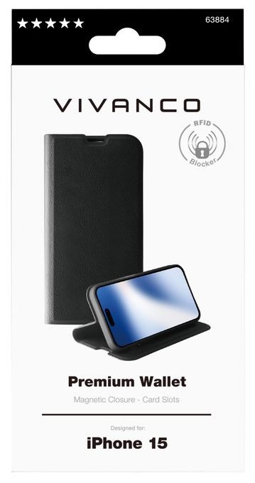 Geldbörsenhülle für Apple iPhone 15  Premium Wallet (Schwarz) 