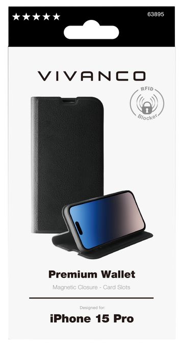 Geldbörsenhülle für Apple iPhone 15 Pro  Premium Wallet (Schwarz) 