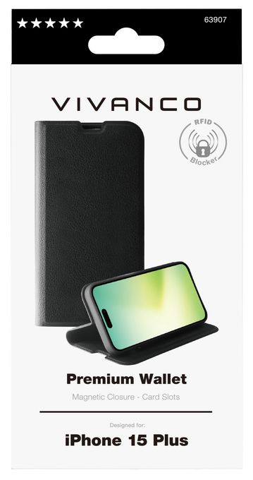 Geldbörsenhülle für Apple iPhone 15 Plus  Premium Wallet (Schwarz) 