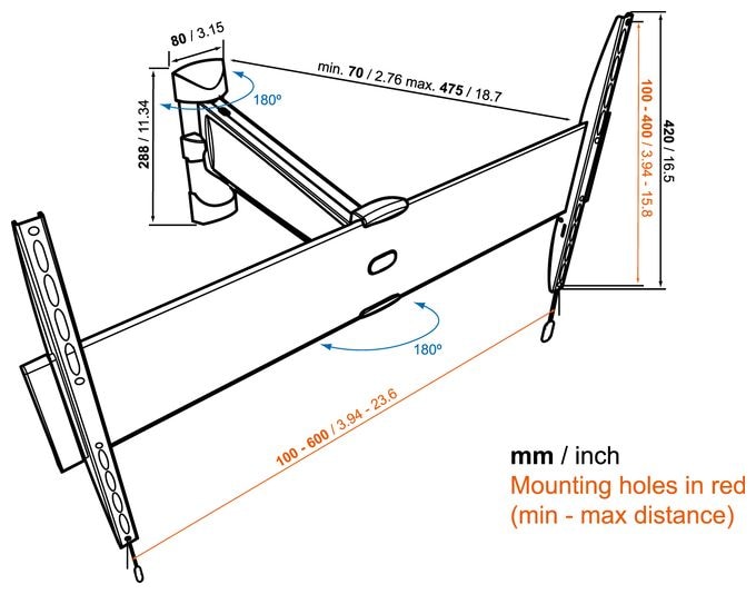 Wand Halterung 120° bis 165,1 cm (65") 45 kg Base 25L 
